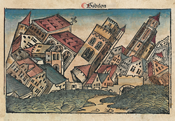 A 1493 woodcut in the Nuremberg Chronicle, depicting the fall of Babylon