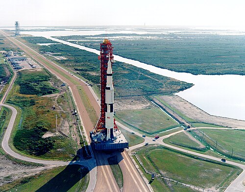 Apollo 8 atop Saturn V being rolled out to Pad 39A atop the crawler-transporter