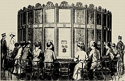 Kaiserpanorama consists of a multi-station viewing apparatus and sets of stereo slides. Patented by A. Fuhrmann around 1890.[1]