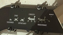 Family portrait on the rover. From left to right: Sojourner, Spirit, Opportunity, Curiosity, Perseverance and Ingenuity.[113]