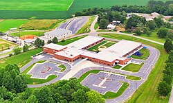 An aerial photo of a primary school in Hayesville, North Carolina