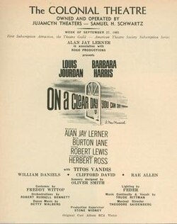 Credit page from Playbill for Boston tryout of On a Clear Day You Can See Forever (1965)