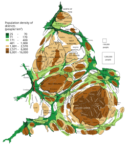 Population of England and Wales by administrative areas. Their size shows their population, with some approximation. Each group of squares in the map key is 20% of total number of districts.