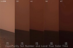 five views of a dimming Martian landscape from sol 1205 to sol 1235