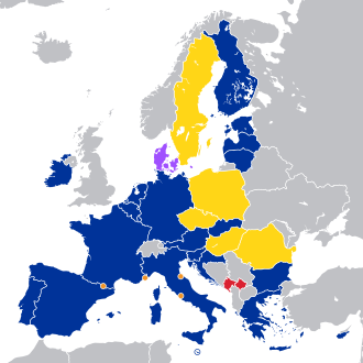 Eurozone participation European Union member states(special territories not shown) 21 in the eurozone 1 in ERM II, with an opt-out (Denmark) 5 not in ERM II, but committed to join the eurozone after meeting the convergence criteria (Czech Republic, Hungary, Poland, Romania, and Sweden) Non–EU member states 4 using the euro with a monetary agreement (Andorra, Monaco, San Marino, and Vatican City) 2 using the euro unilaterally (Kosovo and Montenegro) vte