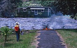 Lava can easily destroy entire towns. This picture shows one of over 100 houses destroyed by the lava flow in Kalapana, Hawaii, United States, in 1990.