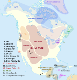 Map of the various sign languages of North America, excluding Francosign languages. Hand Talk was the predominant lingua franca prior to European settlement, able to be written down and signed alongside oral languages