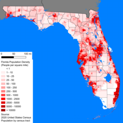 A map of Florida's population density in the 2020 census