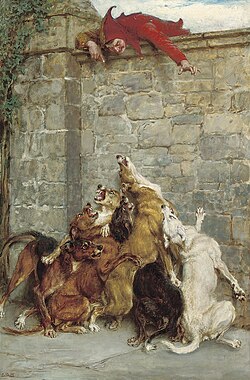 Aggravation by Briton Rivière (1896). Radford suggests that many trolls perceive themselves as jester-like figures, tormenting their targets from a position of relative safety.[66]