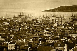 Merchant ships fill San Francisco Bay, 1850–51.