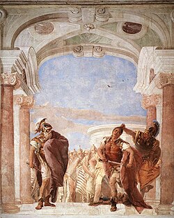 In The Rage of Achilles by Giovanni Battista Tiepolo (1757, Fresco, 300 x 300 cm, Villa Valmarana, Vicenza) Achilles is outraged that Agamemnon would threaten to seize his warprize, Briseis, and he draws his sword to kill Agamemnon. The sudden appearance of the goddess Athena, who, in this fresco, has grabbed Achilles by the hair, prevents the act of violence.