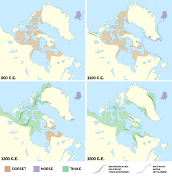 Maps showing the decline of the Dorset culture and expansion of the Thule from c. 900 to 1500