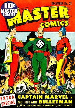 Captain Marvel and Bulletman join forces to battle Captain Nazi, thereby establishing a shared continuity within the Fawcett "universe".