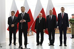 Polish President Andrzej Duda, Polish Prime Minister Mateusz Morawiecki and Jarosław Kaczyński, 9 April 2018