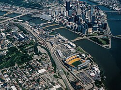 Aerial view of some of Pittsburgh's numerous bridges