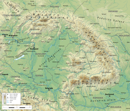 Topographic map of the Carpathian Mountains, showing their distribution from the far eastern Czech Republic (3%) and Austria (1%) through Slovakia (21%), Poland (10%), Ukraine (10%), Romania (50%) to Serbia (5%).[2][3][26][4]