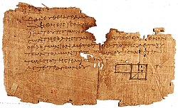 One of the oldest surviving fragments of Euclid's Elements, found at Oxyrhynchus and dated to circa AD 100 (P. Oxy. 29). The diagram accompanies Book II, Proposition 5.[18]