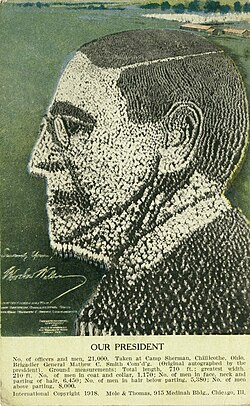 Image of President Woodrow Wilson created by 21,000 standing soldiers at Camp Sherman in Chillicothe, 1918
