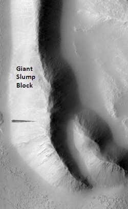 Annotated image of Tharsis Tholus dark streak, as seen by Hirise. It is located in the middle left of this picture. Tharsis Tholus is just off to the right.