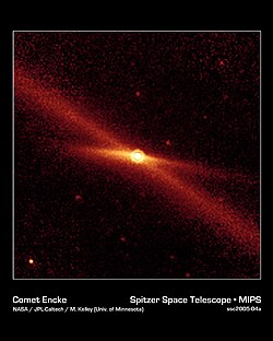 Comet Encke's meteoroid trail is the diagonal red glow.