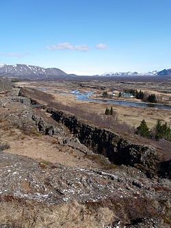 Rift zone in Þingvellir National Park, Iceland. The island is a sub-aerial part of the Mid-Atlantic Ridge, meaning that the ridge rises above sea level here.