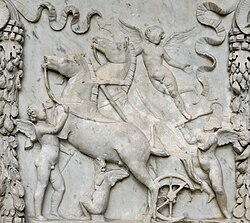 Fragmentary base for an altar of Venus and Mars, showing cupids or erotes playing with the war-god's weapons and chariot. From the reign of Trajan (98–117 AD)