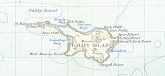 Part of an Ordnance Survey map, published 1952. The grid lines are at one-kilometre intervals, giving each square an area of one square kilometre. The map shows that the area of the island is about two square kilometres.