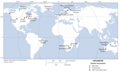 Map displaying the locations of intrusions hosting reef-type PGE and contact-type NI-Cu-PGE deposits. Image courtesy of the U.S. Geological Survey.