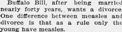 Excerpt from a newspaper in Erie, Colorado, reporting Cody's filing for divorce