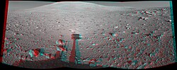 This image, captured on 8 June 2004, is an example of a composite anaglyph image generated from the stereo Pancam on Spirit, one of the Mars Exploration Rovers. It can be viewed stereoscopically with proper red/cyan filter glasses. A single 2D version is also available. Courtesy NASA/JPL-Caltech. 3D red cyan glasses are recommended to view this image correctly.