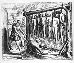 A 16th-century illustration by Flemish Protestant Theodor de Bry for Las Casas's Brevisima relación de la destrucción de las Indias, depicting Spanish atrocities during the conquest of Cuba