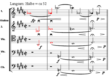 Vertical quartal-harmony in the string parts of the opening measures of Arnold Schoenberg's Chamber Symphony Op. 9