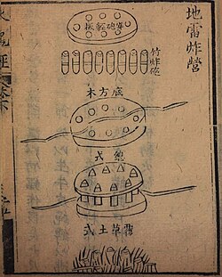 Chinese illustration of a land mine with eight explosive charges, from the Huolongjing, 14th century