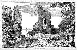 An 1854 image of the ruins of Jamestown Church in Jamestown, Virginia, the first Anglican church in North America
