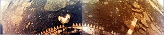 Colourized photo of the immediate surface around the lander of Venera 13