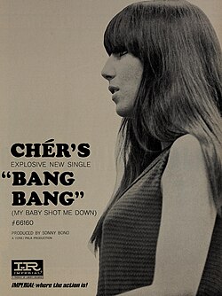 An advertisement features a black-and-white profile portrait of Cher with long, straight hair and bangs, wearing a dark outfit.