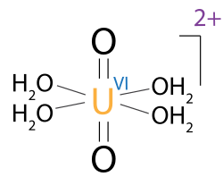 Mixed Roman numerals and charge notations for the uranyl ion. The oxidation state of the metal is shown as superscripted Roman numerals, whereas the charge of the entire complex is shown by the angle symbol together with the magnitude and sign of the net charge.