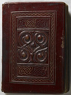 Front cover of the St Cuthbert Gospel, c. 700; the original tooled red goatskin binding is the earliest surviving Western binding.