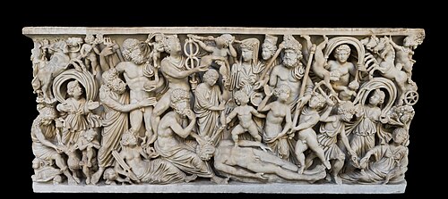 4th-century Roman sarcophagus depicting the creation of man by Prometheus, with major Roman deities Jupiter, Neptune, Mercury, Juno, Apollo, Vulcan watching