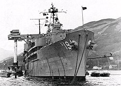 Transfer of a Polaris submarine-launched ballistic missile between the submarine tender USS Proteus (AS-19) and the ballistic missile submarine USS Patrick Henry (SSBN-599) at Holy Loch, Dunoon, Scotland, in 1961.