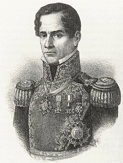 Lithograph depicting head and shoulders of a middle-aged, clean-shaven man wearing an ostentatious military uniform.