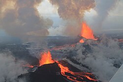 Eruption fissure with spatter cones, Holuhraun, Iceland, 2014