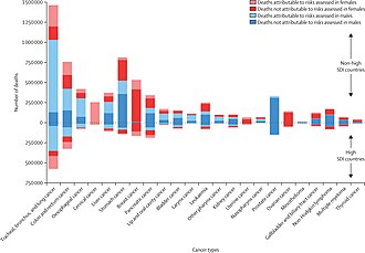 Global deaths from cancers attributable to risk factors in 2019 by sex and Socio-demographic Index[135]
