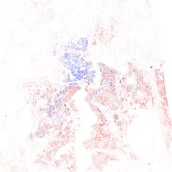 A racial distribution map of Jacksonville, 2010 U.S. Census. Each dot is 25 people: ⬤ White ⬤ Black ⬤ Asian ⬤ Hispanic ⬤ Other