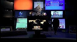 An image of 'Digit Al' sitting on the last BBC1 mechanical ident, taken from the last analogue BBC One Northern Ireland transmission on 23 October 2012 at 23:31 GMT
