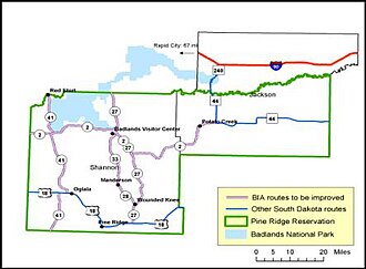 Major roads through Jackson and Oglala Lakota Counties