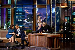 Leno and President Barack Obama on the set of The Tonight Show during a break in taping, October 25, 2011.
