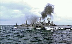 A British warship, HMS Scylla (right), collides with Icelandic coast guard vessel ICGV Óðinn in the Atlantic Ocean during the Third Cod War.
