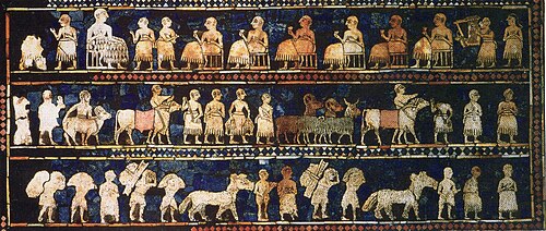 From the royal tombs of Ur, made of lapis lazuli and shell, shows peacetime