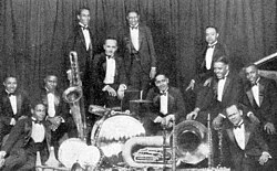 The Fletcher Henderson Orchestra in 1925. Armstrong is the third person from the left.